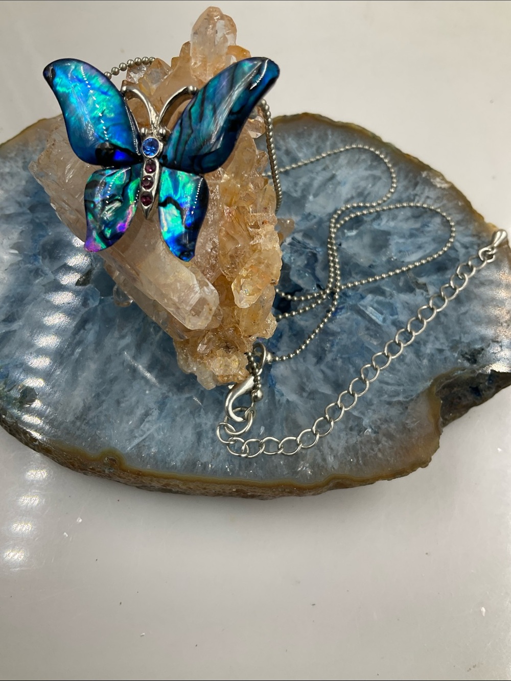 18”Silver Necklace With Abalone Shell Blue Iridescent Butterfly Pendant